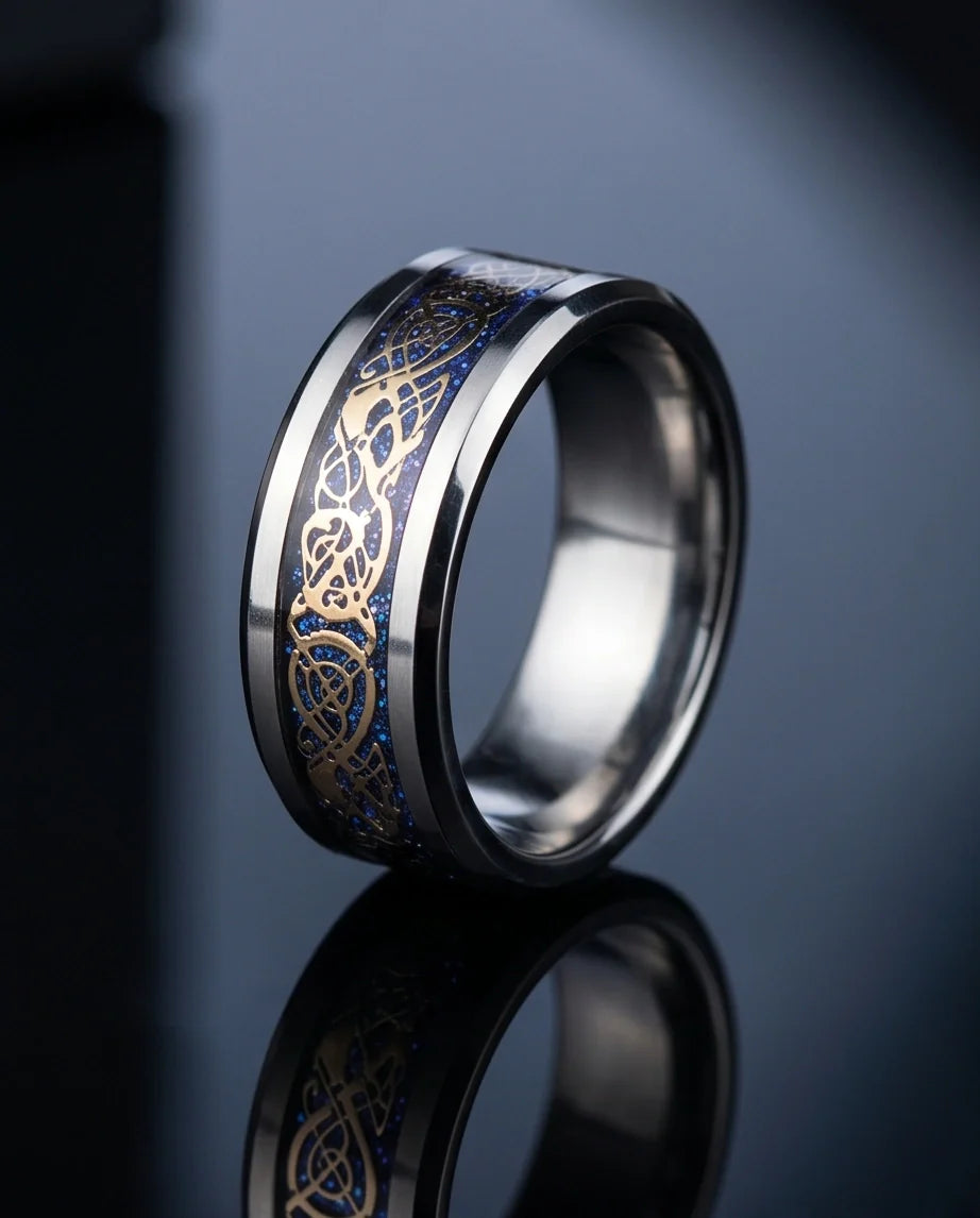 Blue Glitter Celtic Dragon Knot Band Ring