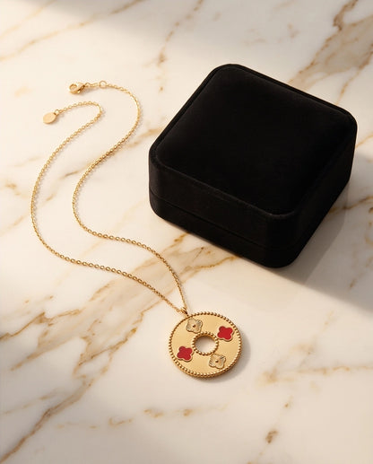 Gold Red Clover Medallion Necklace