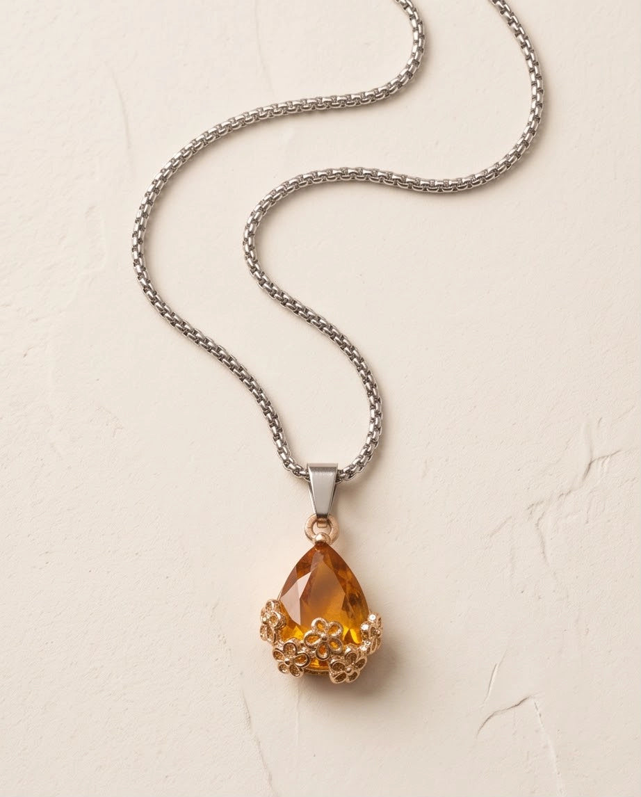 Gold Amber Teardrop Floral Basket Pendant Necklace