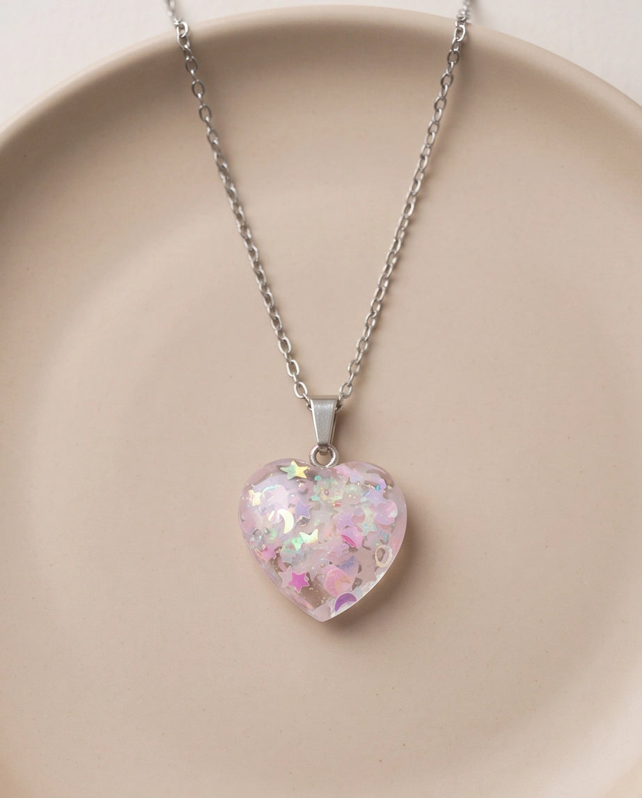 Silver Bubblegum Pink Glitter Heart Resin Pendant Necklace