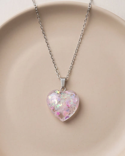Silver Bubblegum Pink Glitter Heart Resin Pendant Necklace