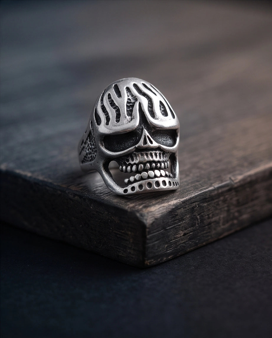 Fluted Flame-Crown Anatomical Skull Silver Ring