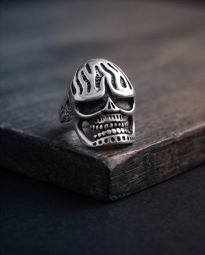 Fluted Flame-Crown Anatomical Skull Silver Ring
