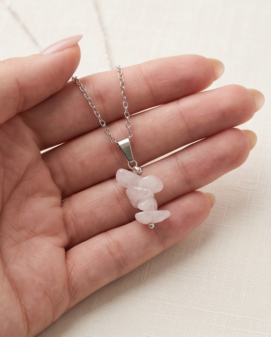 Silver Stacked Raw Rose Quartz Chip Stone Pendant Necklace
