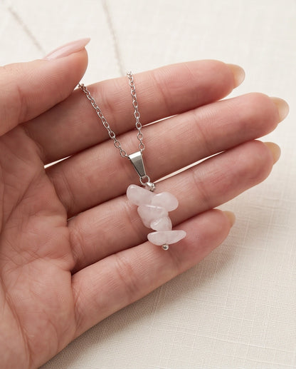 Silver Stacked Raw Rose Quartz Chip Stone Pendant Necklace