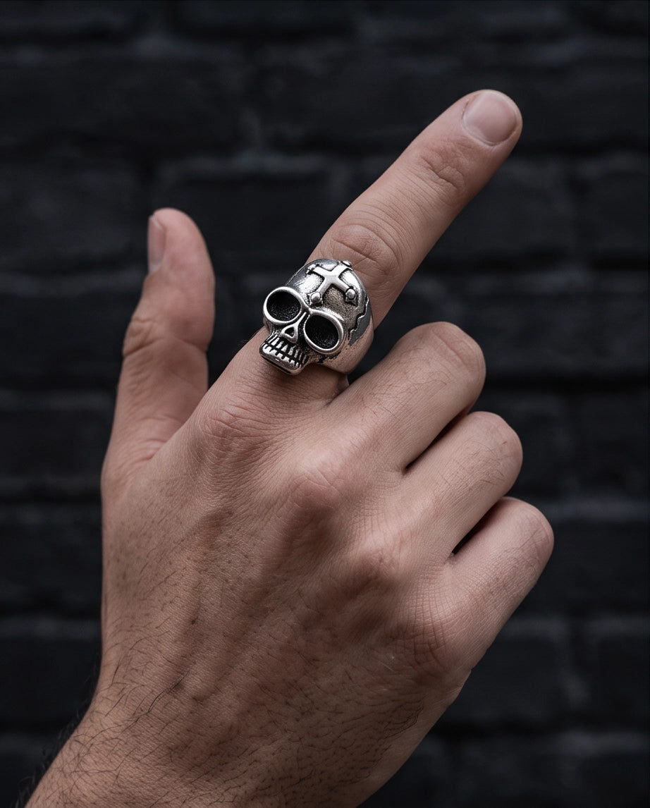 Gothic Cross-Embossed Anatomical Skull Silver Ring