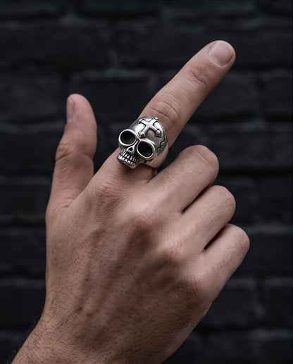 Gothic Cross-Embossed Anatomical Skull Silver Ring