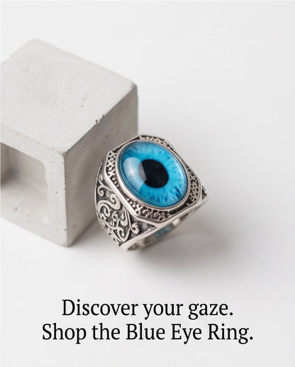 Cyan Sky-Blue Evil Eye Cabochon Gothic Filigree Silver Ring