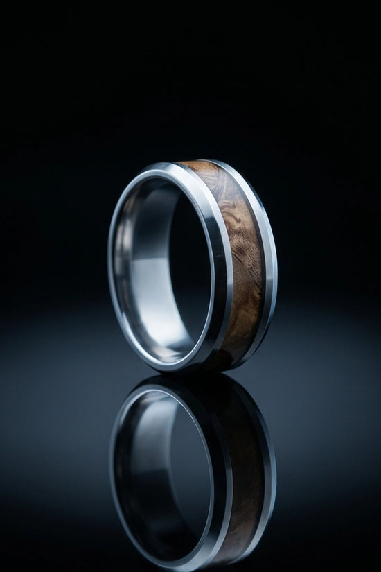 Natural Koa Wood Inlay Silver Band Ring