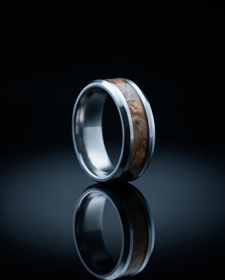 Natural Koa Wood Inlay Silver Band Ring