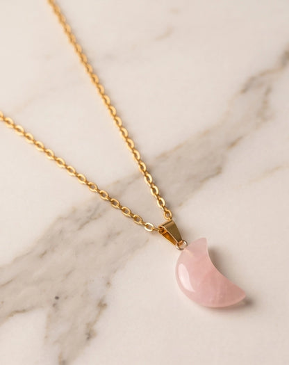 Silver Rose Quartz Pink Crescent Moon Pendant Necklace