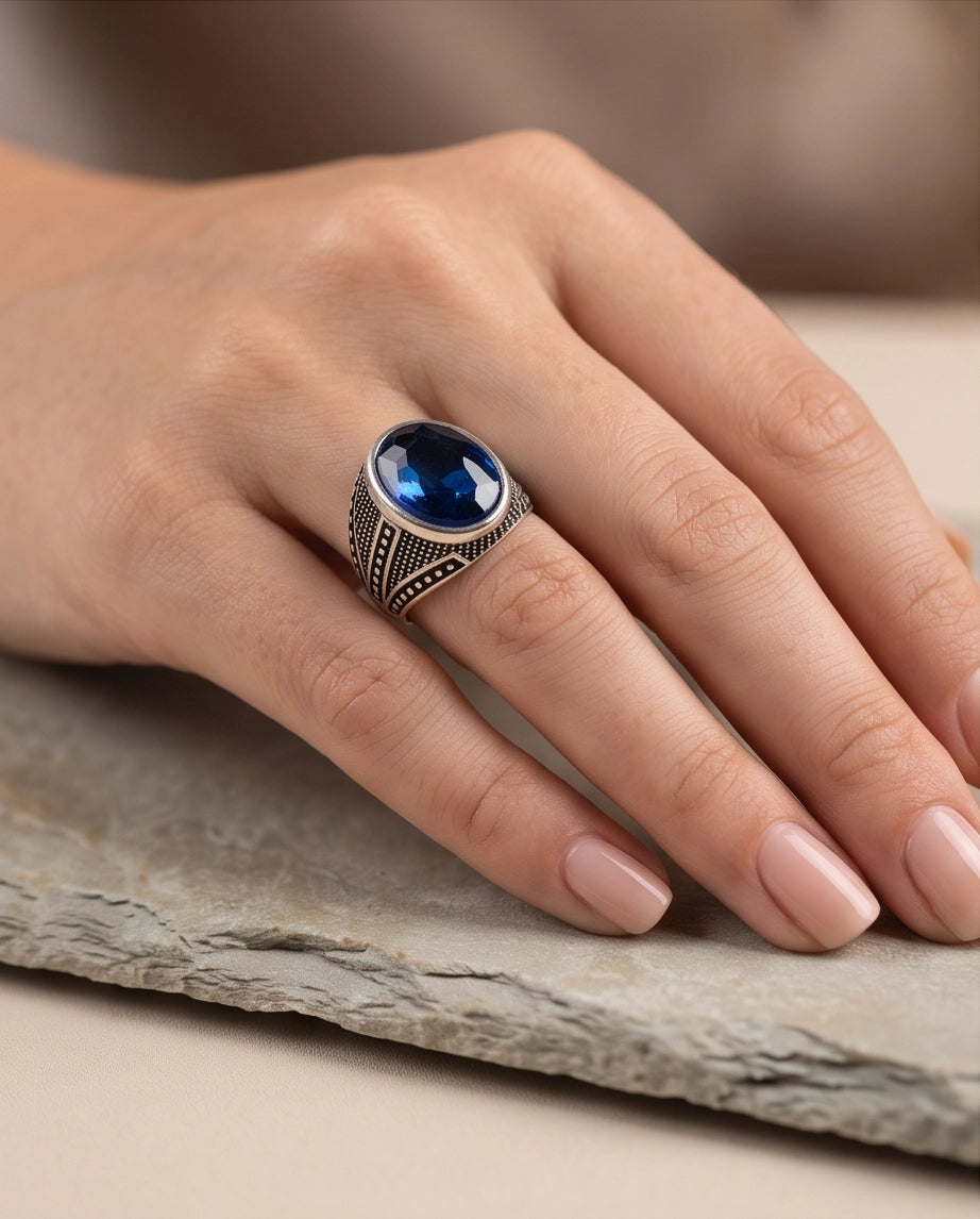 Sapphire Gemstone Beaded Smooth Bezel Chevron Stippled Silver Ring