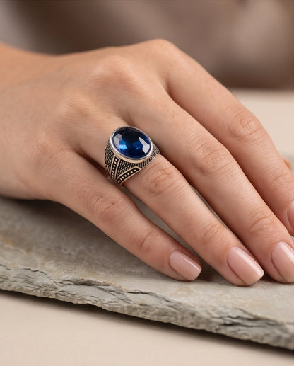 Sapphire Gemstone Beaded Smooth Bezel Chevron Stippled Silver Ring