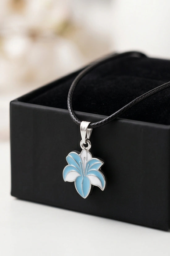 Serene Blue and White Lily Enamel Pendant Necklace