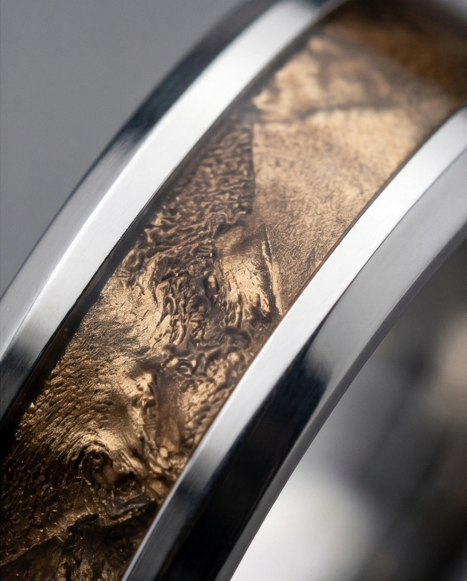 Natural Koa Wood Inlay Silver Band Ring