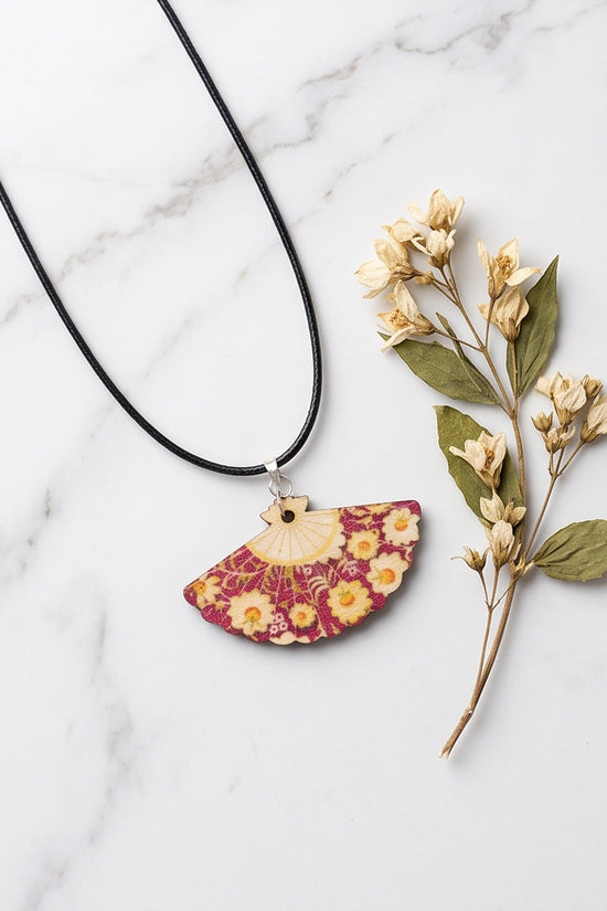 Vintage Burgundy & Gold Floral Hand-Fan Pendant Necklace