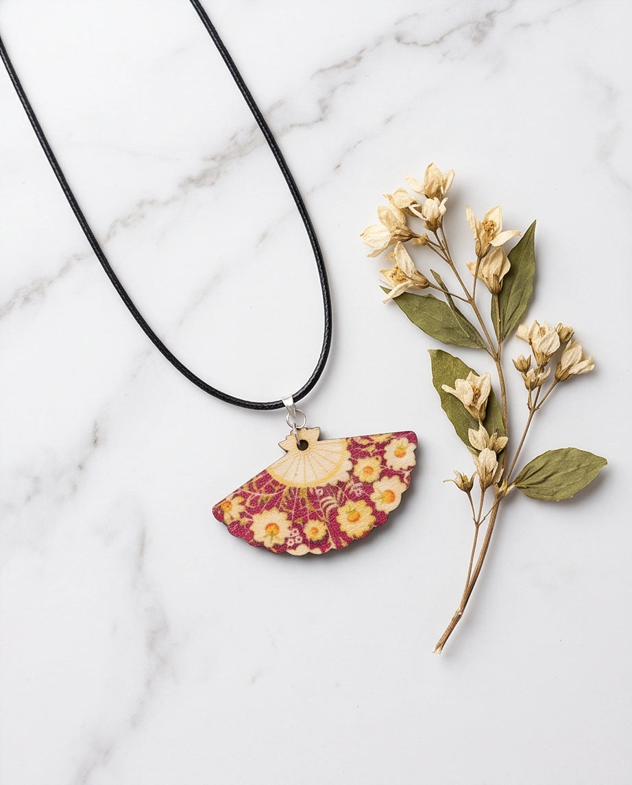 Vintage Burgundy & Gold Floral Hand-Fan Pendant Necklace