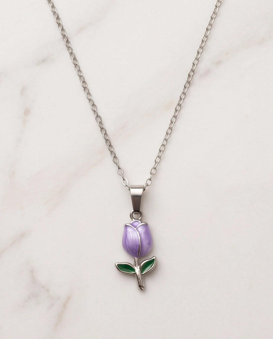Silver Purple Enamel Tulip Pendant Necklace