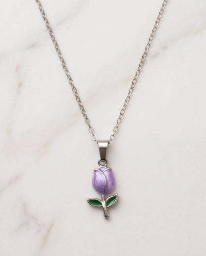 Silver Purple Enamel Tulip Pendant Necklace