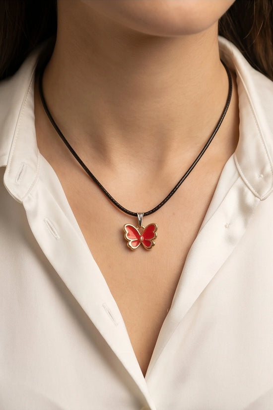 Gold and Red Butterfly Pendant Necklace