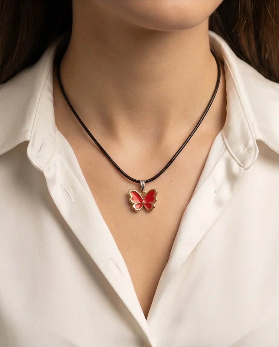Gold and Red Butterfly Pendant Necklace