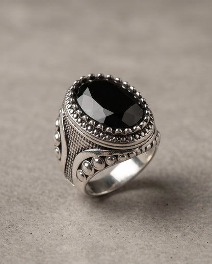 Black Gemstone Double Beaded Frame Studded Silver Ring