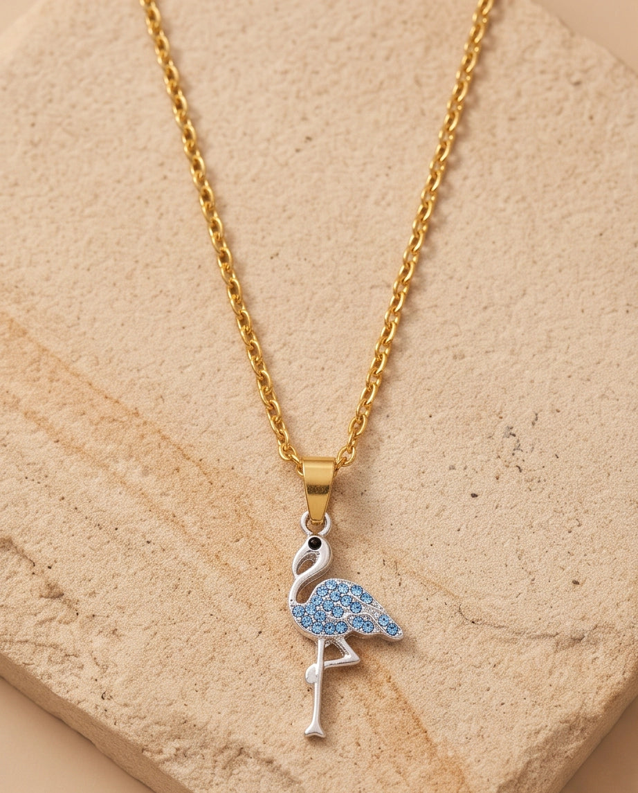 Silver Blue Crystal Paved Flamingo Pendant Necklace