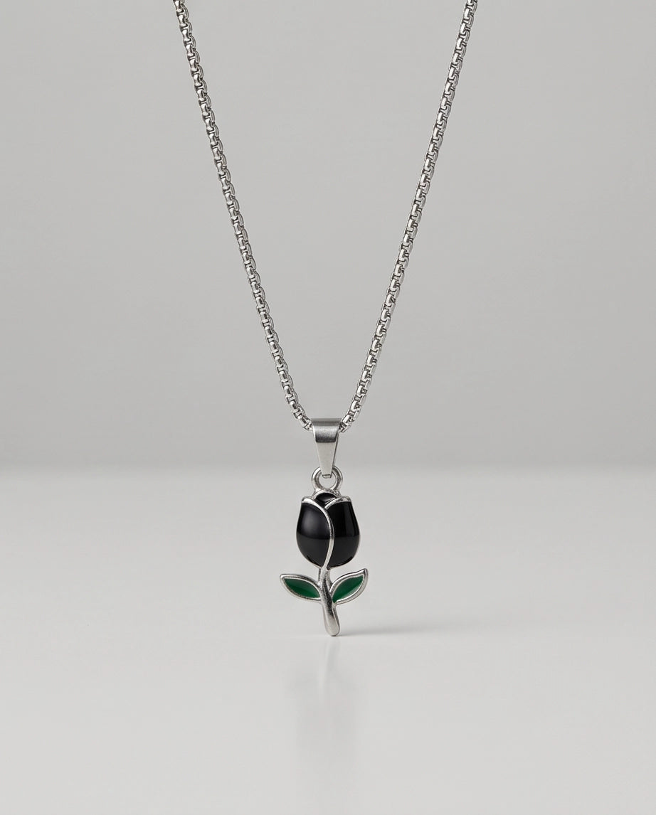 Silver Black Enamel Tulip Pendant Necklace