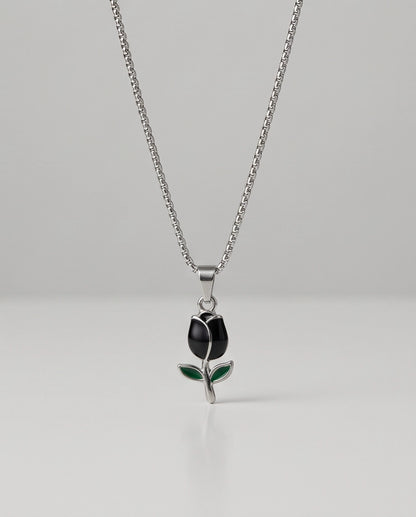 Silver Black Enamel Tulip Pendant Necklace