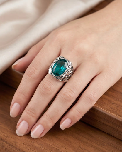 Teal Gemstone Octagonal Bezel Scrollwork Silver Ring