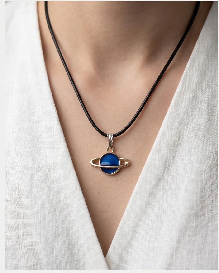 Vibrant Blue Saturn Planet Pendant