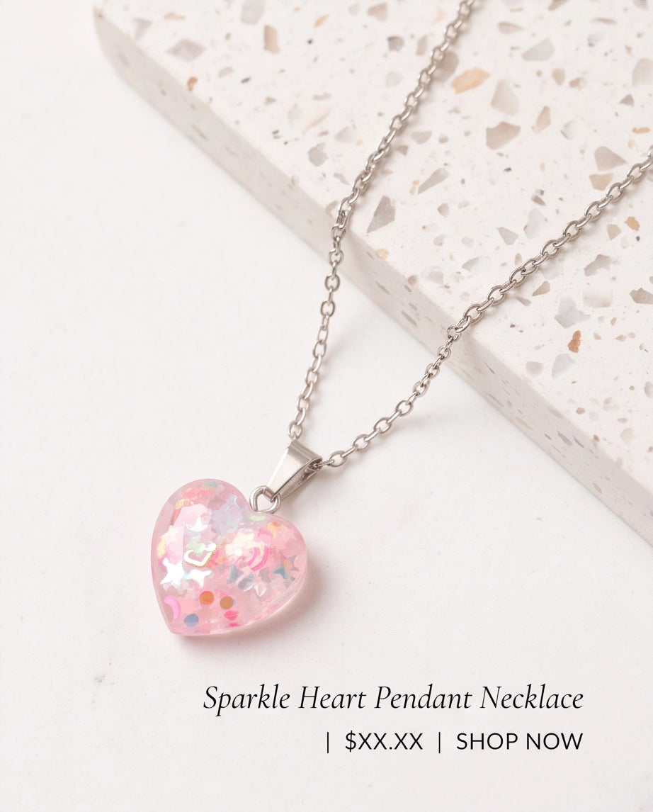 Silver Faceted Rose Pink Glitter Heart Resin Pendant Necklace