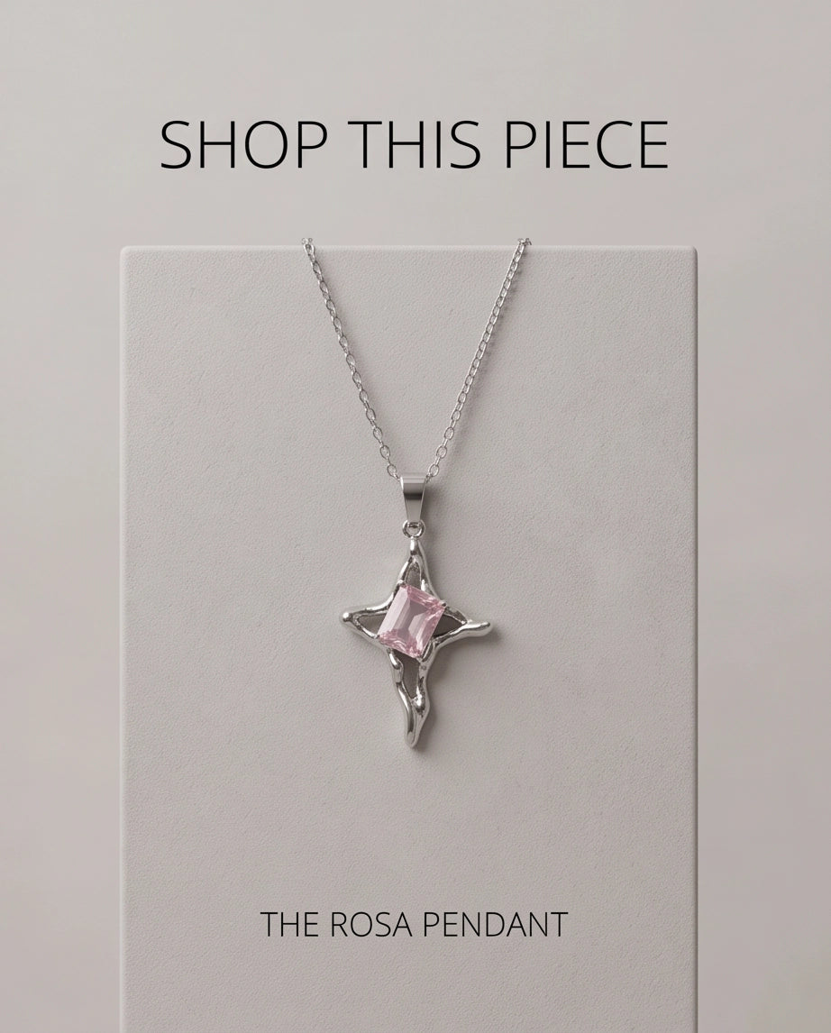 Silver Pink Gemstone Gothic Cross Pendant Necklace