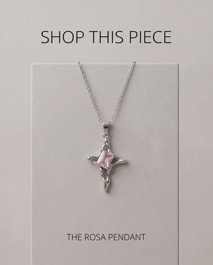 Silver Pink Gemstone Gothic Cross Pendant Necklace