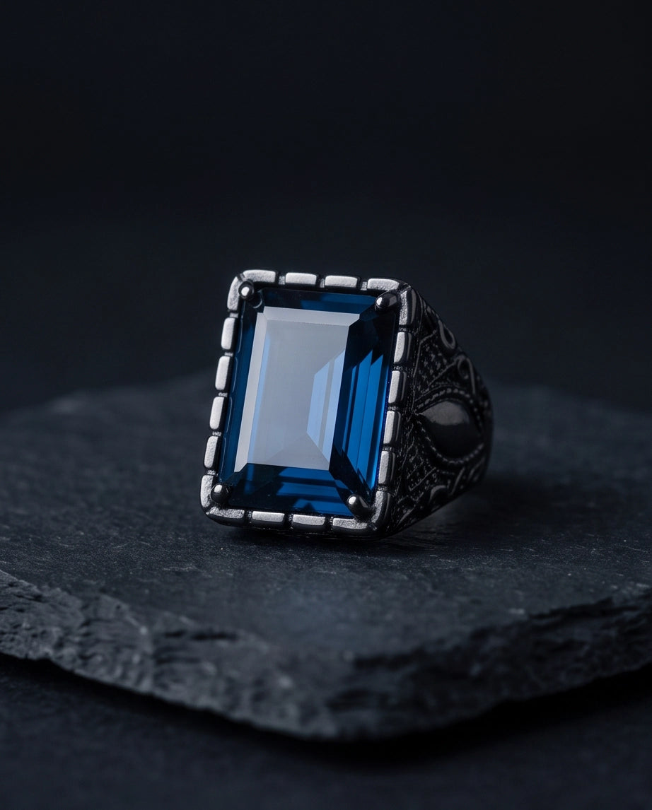 Deep Sapphire Emerald-Cut Gemstone Architectural Filigree Silver Ring