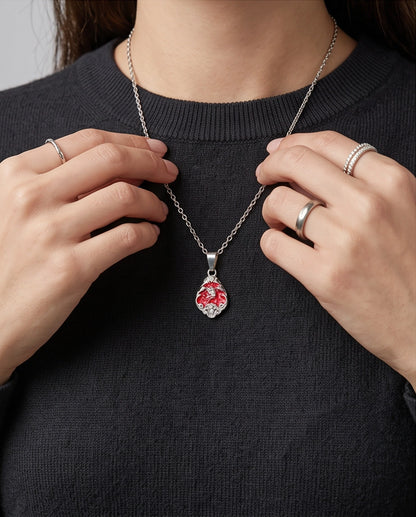 Silver Vintage Cherub Red Enamel Teardrop Pendant Necklace