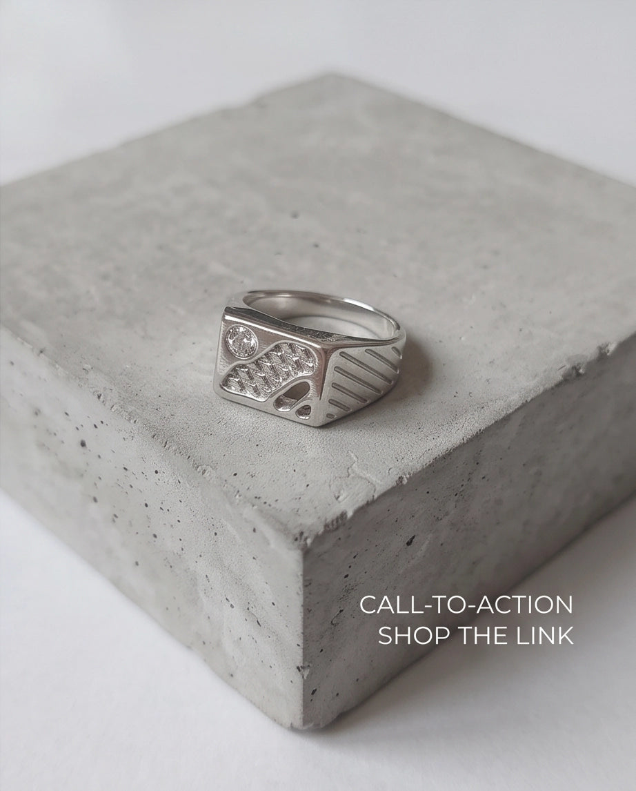 Abstract Textured Multi-Inlay Asymmetrical Signet Silver Ring