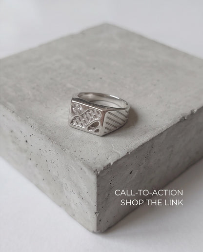Abstract Textured Multi-Inlay Asymmetrical Signet Silver Ring