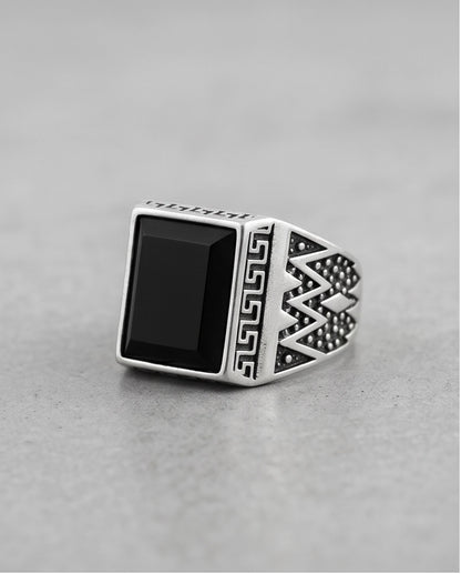 Onyx Gemstone Rectangular Bevel Greek Key Zigzag Silver Ring