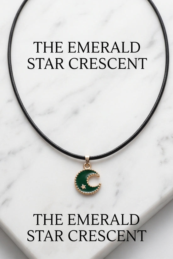 Gold and Green Crescent Moon and Star Necklace