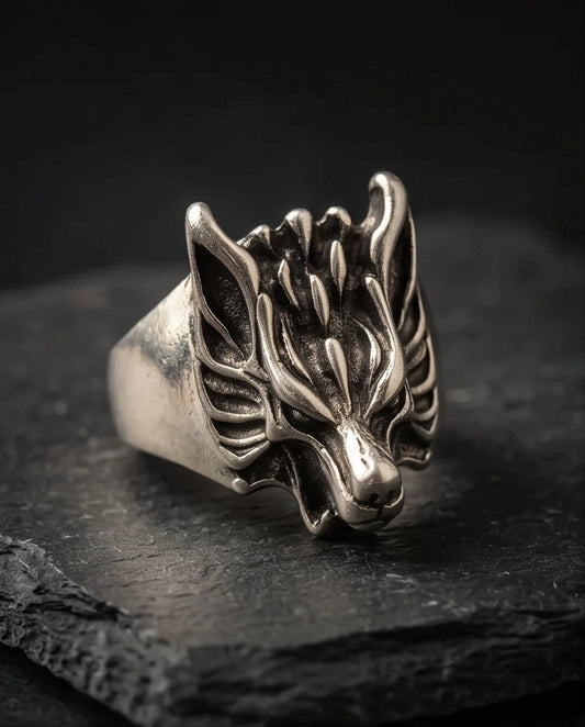 Vintage Oxidized Silver Mythical Wolf Crest Ring