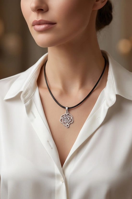Silver Cutout Rose Pendant Necklace