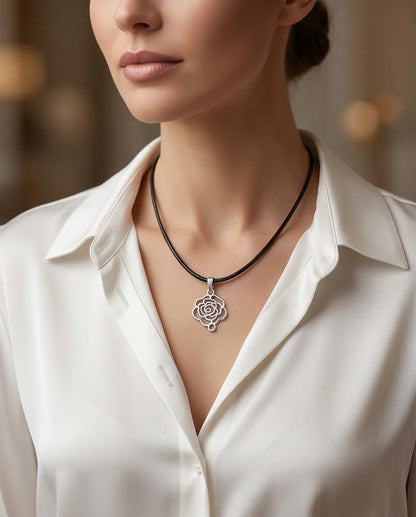 Silver Cutout Rose Pendant Necklace