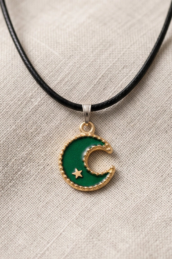 Gold and Green Crescent Moon and Star Necklace