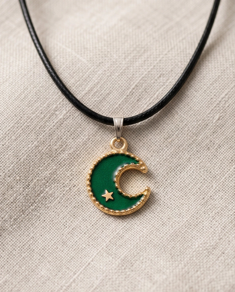 Gold and Green Crescent Moon and Star Necklace