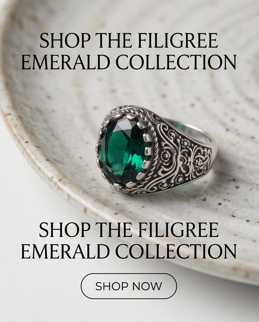 Deep Emerald Oval-Cut Gemstone Ornate Filigree Silver Ring