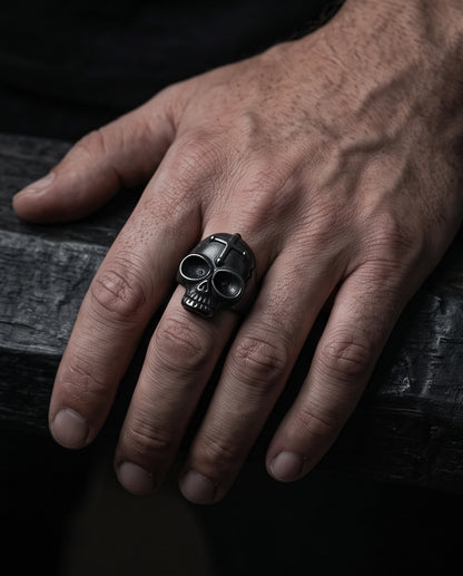 Matte Black Gothic Cross-Embossed Anatomical Skull Ring
