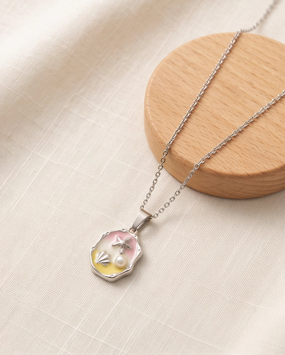Silver Seashell Starfish Pearl Enamel Medallion Chain Necklace