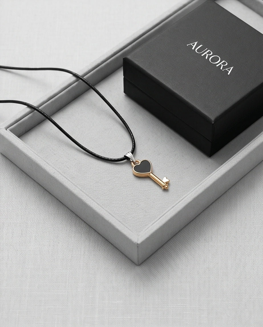 Gold and Black Heart Key Necklace