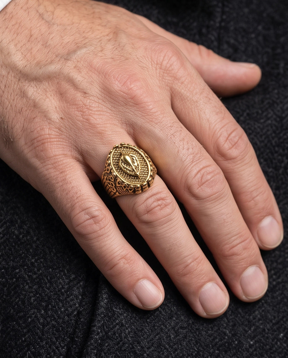 Sculptured Emblem Oval Gold Signet Ring